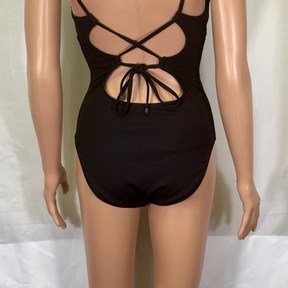BAR III One-piece -Black V front lace up back‎ ribbed texture size small